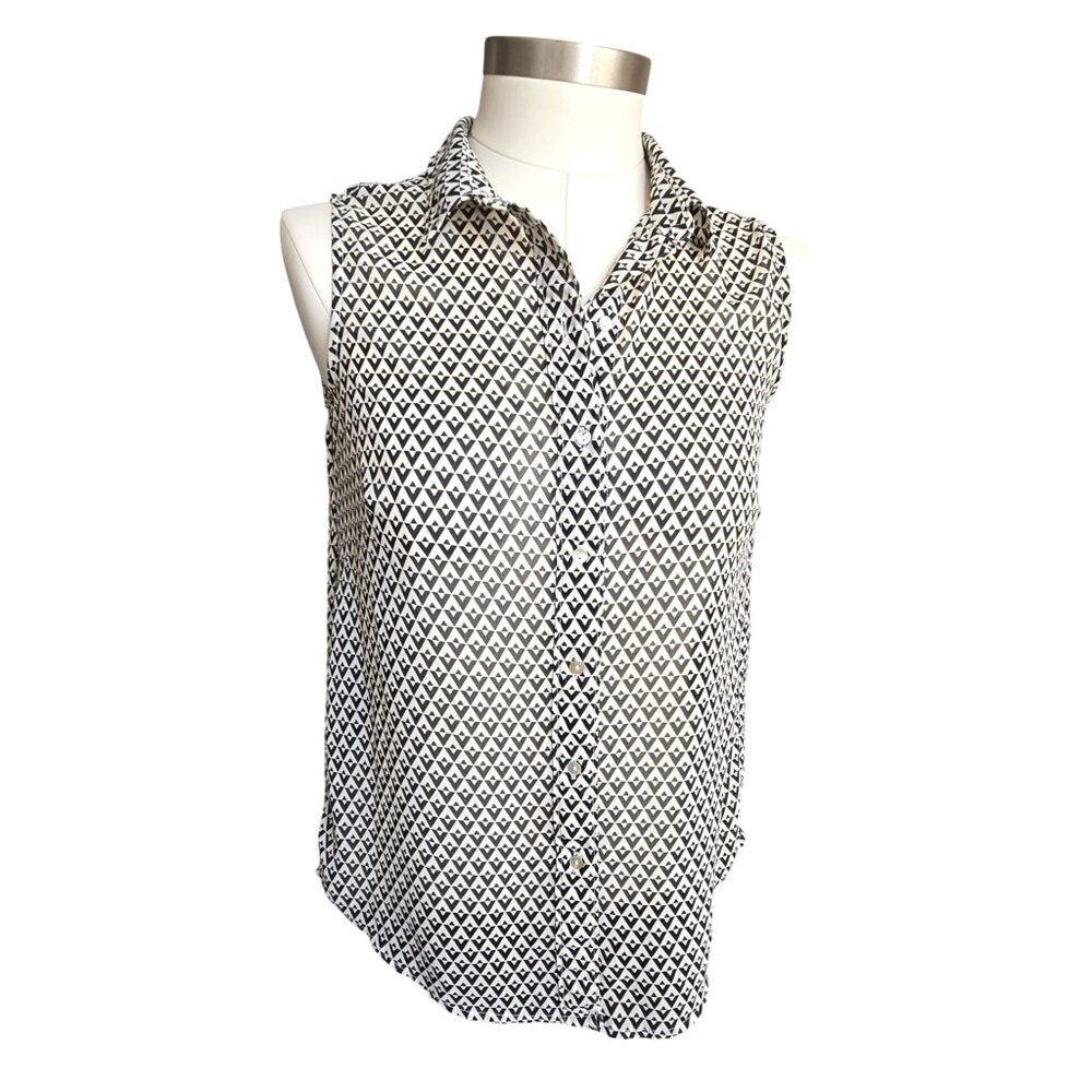H&M Black & White Blouse Geometric Sleeveless Button-Up Womens Size S JJ3949